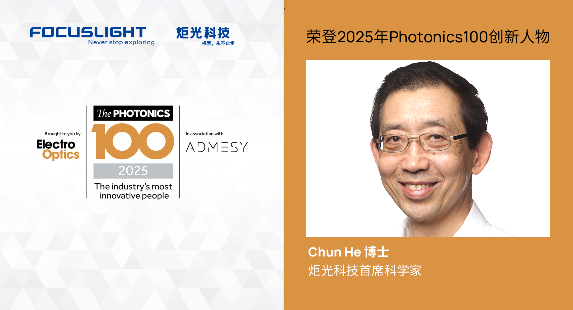 炬光科技首席科学家Chun He博士荣登2025年Photonics100创新人物榜单